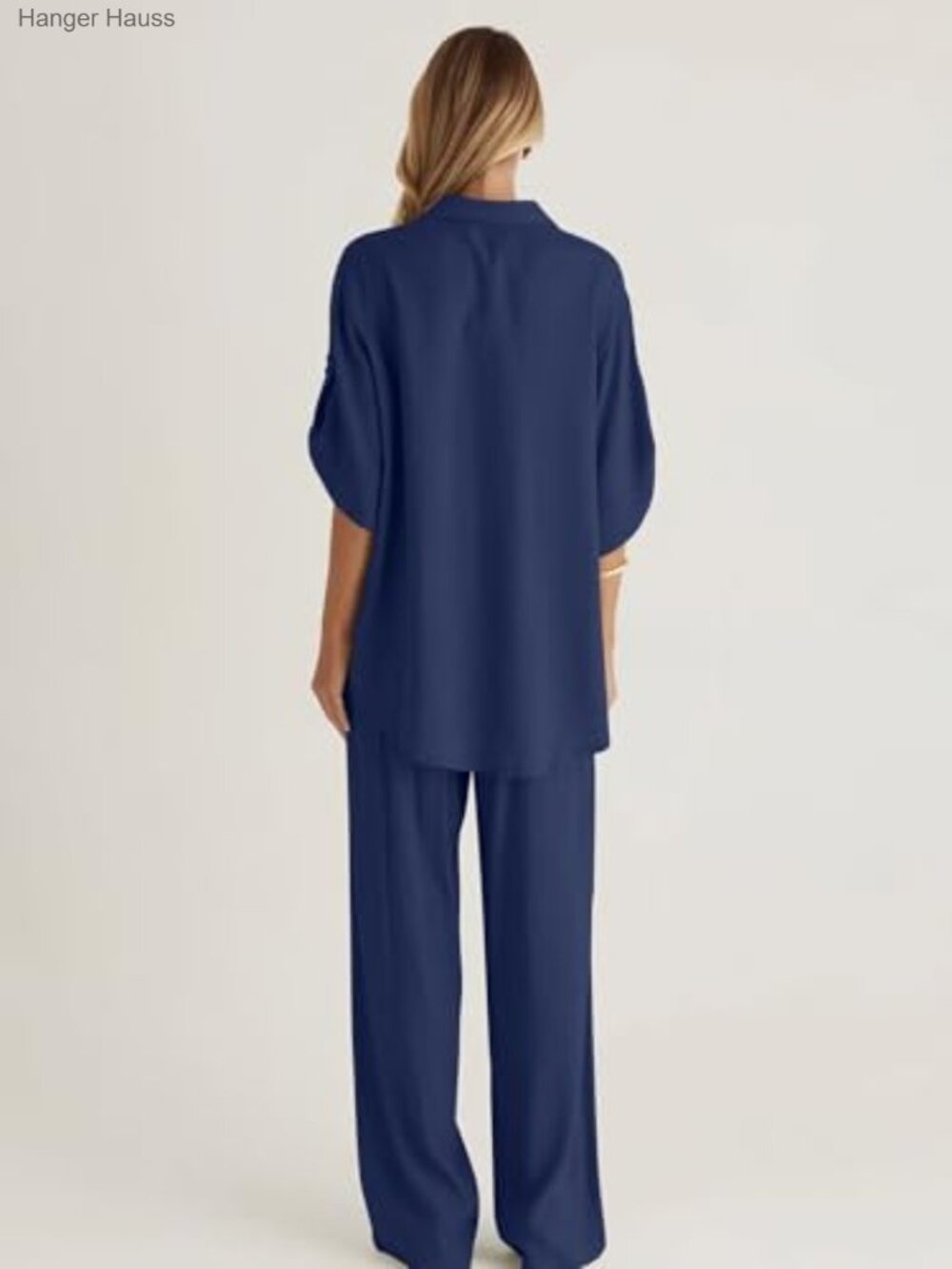 Women's 2 Piece Linen Button Up Blouse and Wide Leg Pant Set Work Shirt Suit - Picture 3 of 6